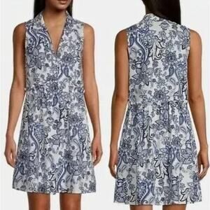 NWT Sagimar Eliza Paisley Print Linen Dress Womens Size L Blue White Notch Lapel